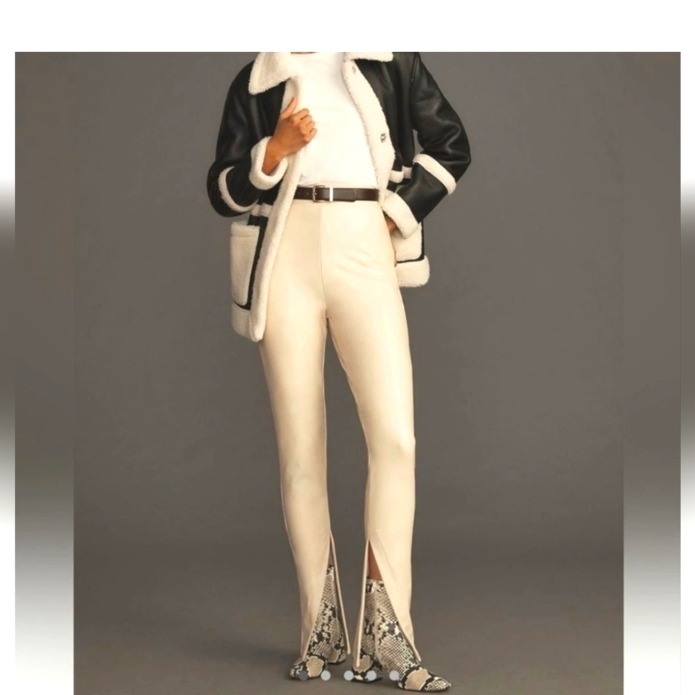 Avec Les Filles Anthropologie High-Waisted Faux Leather Slit Leggings Ivory Lg